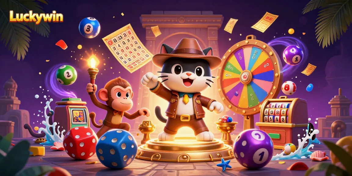 Win big at Luckywin with an adventurous cat and monkey exploring a dazzling casino treasure.