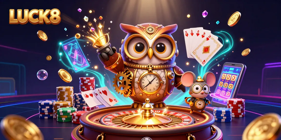 LUCK8 offers thrilling casino adventures with pulsating coins, vibrant poker chips, and an enchanting steampunk owl.