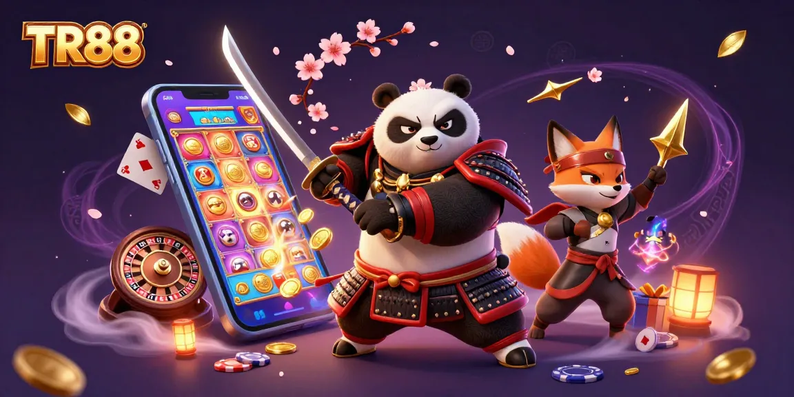 Experience thrilling slots with TR88 featuring a fierce samurai panda amidst games and golden coins.