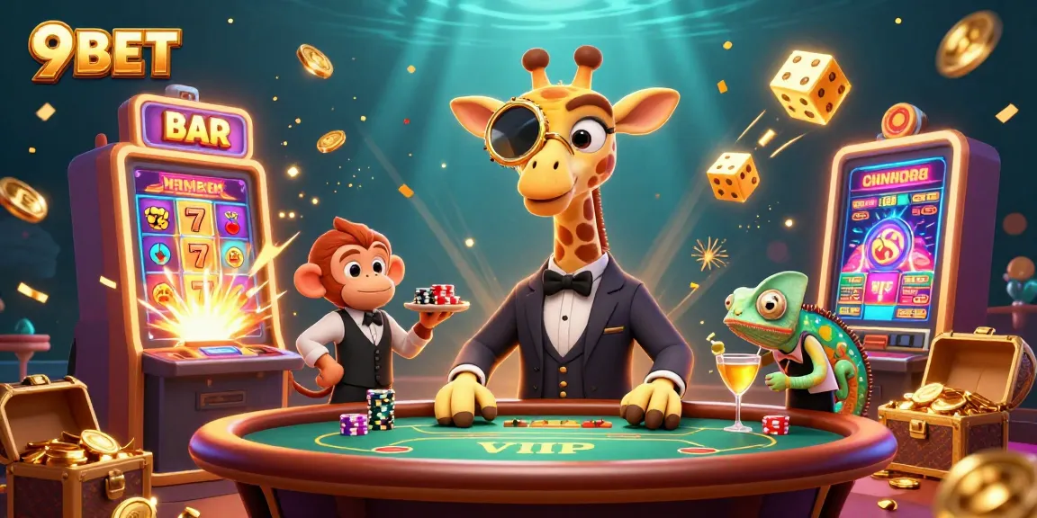 Experience an exciting 9BET casino moments with a high-roller giraffe at a vibrant poker table.
