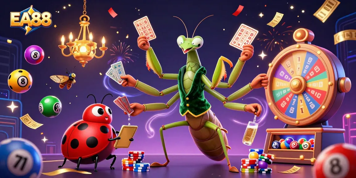 Win big with EA88's exciting games, featuring vibrant lottery elements and lively casino characters.