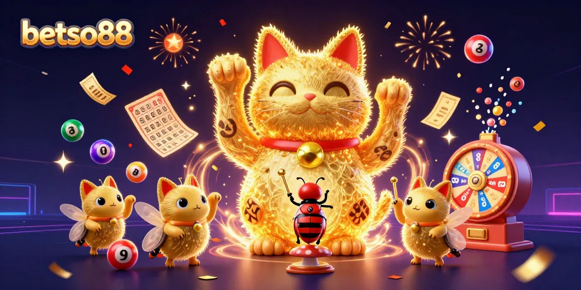 Experience the vibrant world of betso88 with golden fireflies creating a lucky cat amidst dynamic casino symbols.