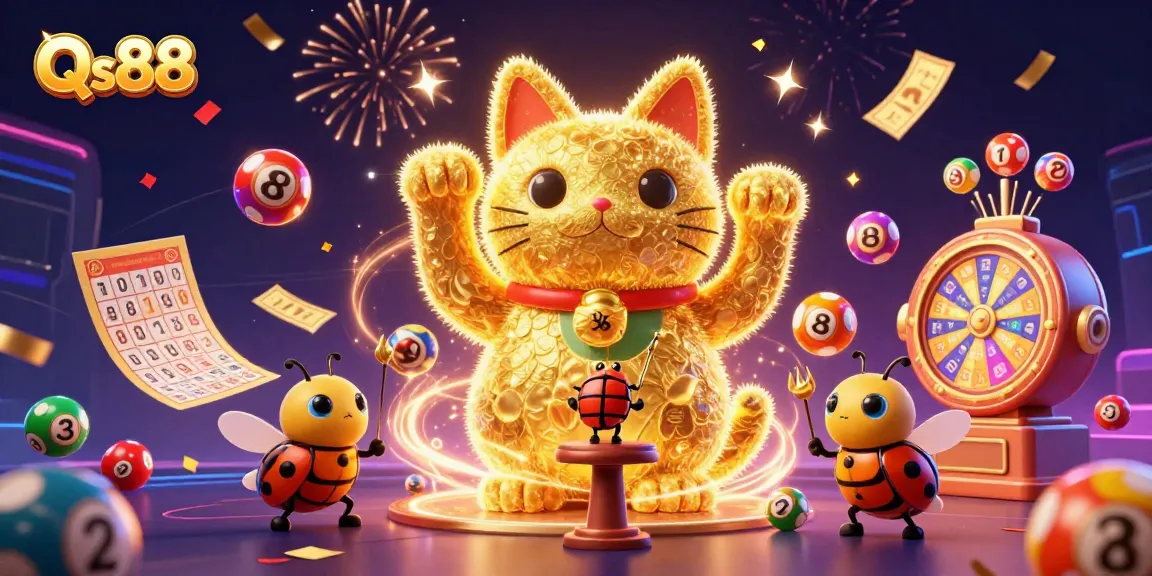 Experience the excitement of Qs88 with vibrant symbols and festive elements in this dynamic casino illustration.