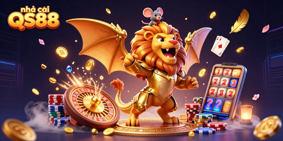 Experience thrilling wins at nhà cái QS88 with dynamic 3D casino illustration showcasing golden coins and a roaring chimera.