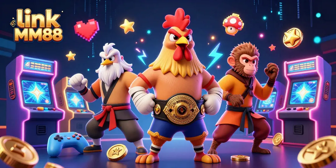 Experience thrilling gaming action with link MM88 showcasing a Muay Thai rooster and Shaolin monkey amidst vibrant casino elements.