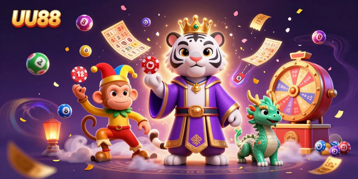 Catch thrilling gameplay at UU88 with an enchanting white tiger and gold monkey surrounded by vibrant symbols.