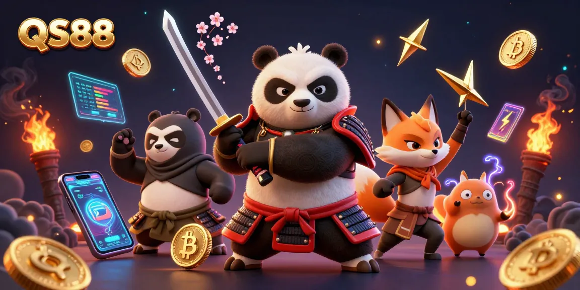 Unleash excitement at QS88 with a dynamic scene featuring samurai panda, ninja fox, and tanuki amidst crypto elements.