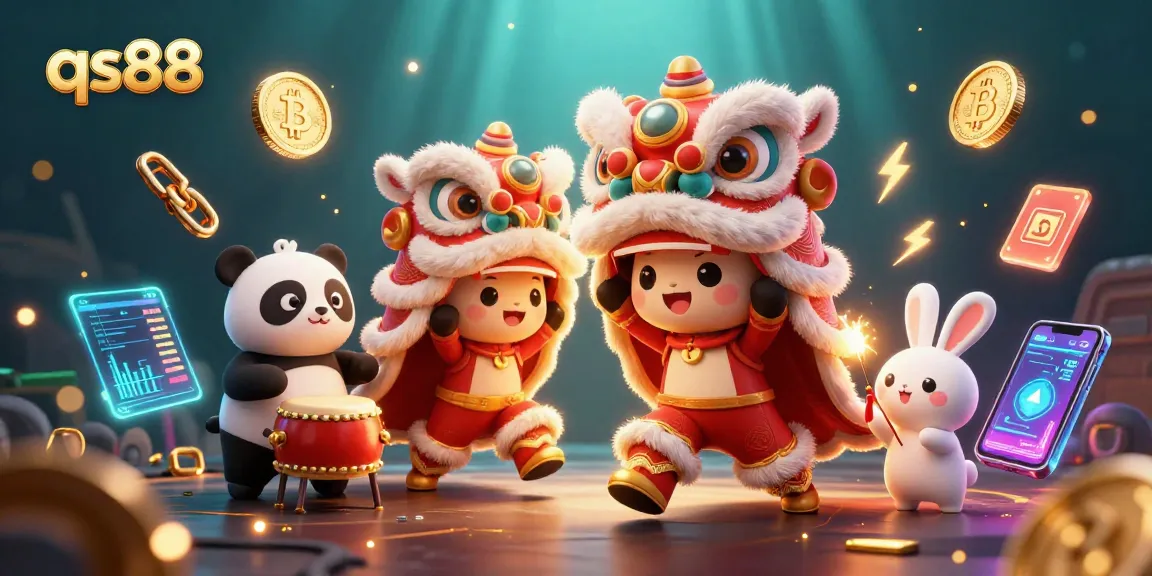 Experience excitement with qs88 as characters dance surrounded by crypto and casino elements.