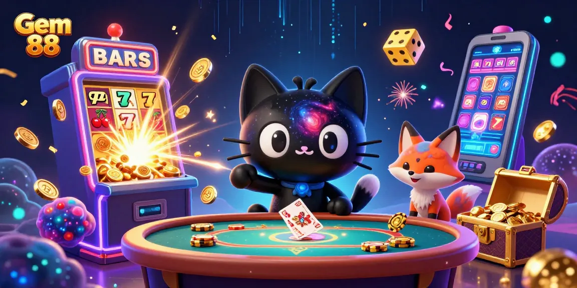 Win big with Gem 88 at a vibrant cosmic casino exploring a joyful gaming scene.