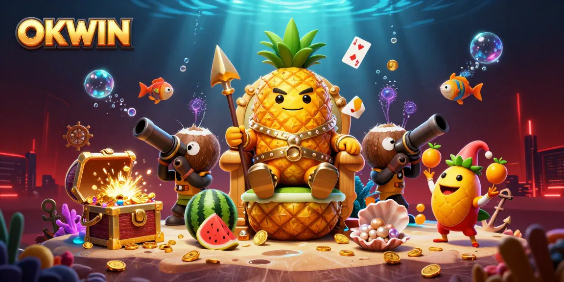 Spin the reels at OKWIN's vibrant casino with the golden pineapple king, treasure, and gaming elements.