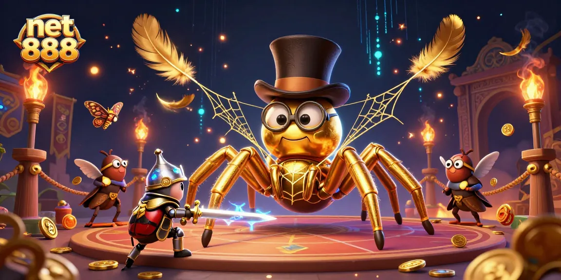 Bet big with net 888 in a vibrant scene of a golden tarantula and beetle knight amid casino thrills.