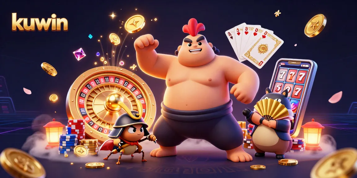 Kuwin players hit the jackpot with an active sumo wrestler rooster and a fierce samurai cricket in a vibrant casino scene.