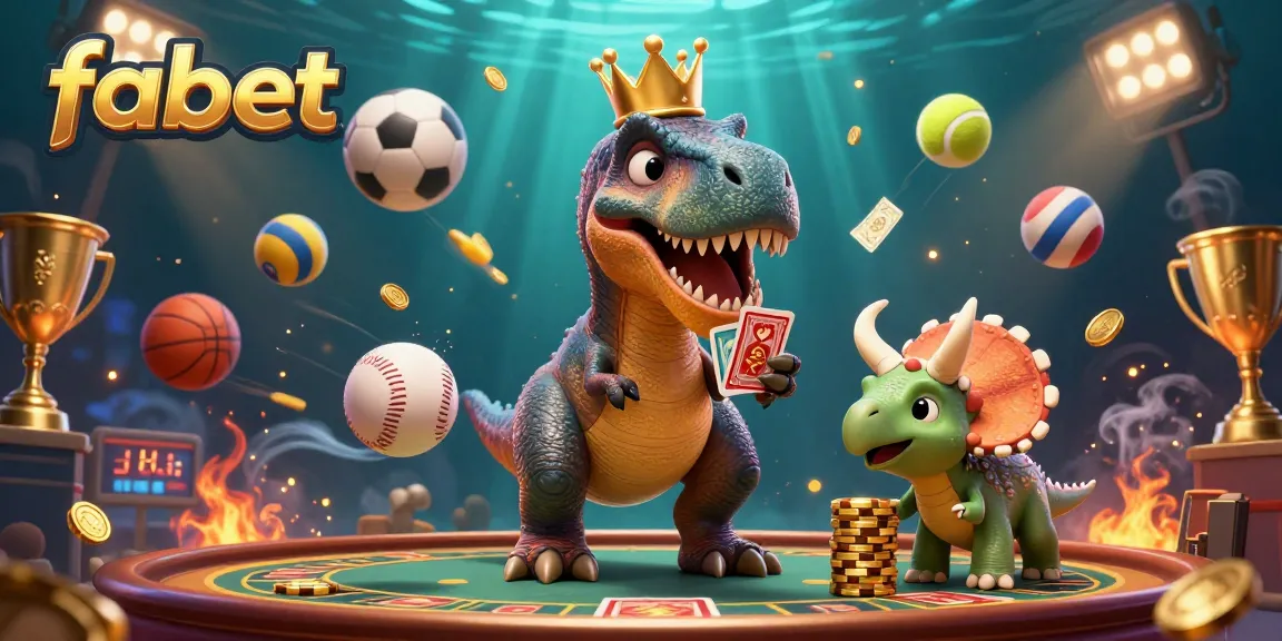 Experience winning strategies with fabet in a vibrant 3D gambling illustration showcasing a T-Rex and friends.