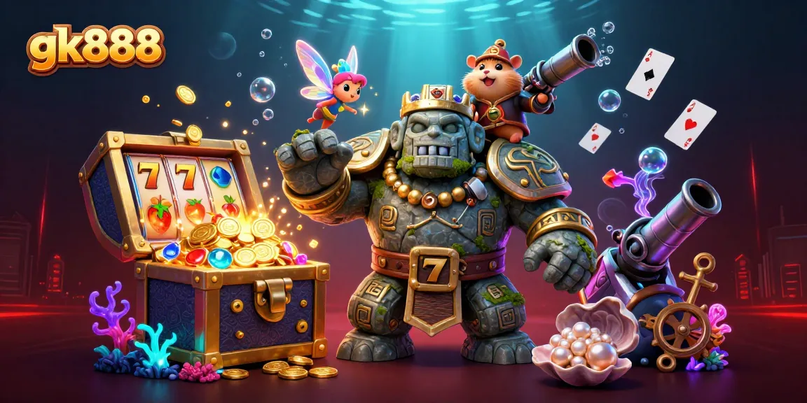 Experience gk888 with a magical casino adventure featuring a golem and knight amongst slot reels and treasures.