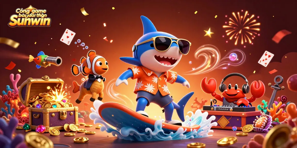 Cổng game bài đổi thưởng Sunwin brings excitement with a vibrant 3D scene of sea creatures celebrating amidst gold coins.