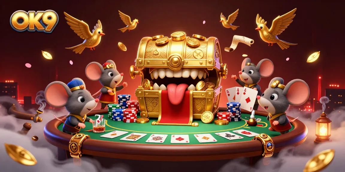 Engage with the OK9 world, where a cartoon treasure chest invites adventurer mice with riches amidst colorful poker elements.