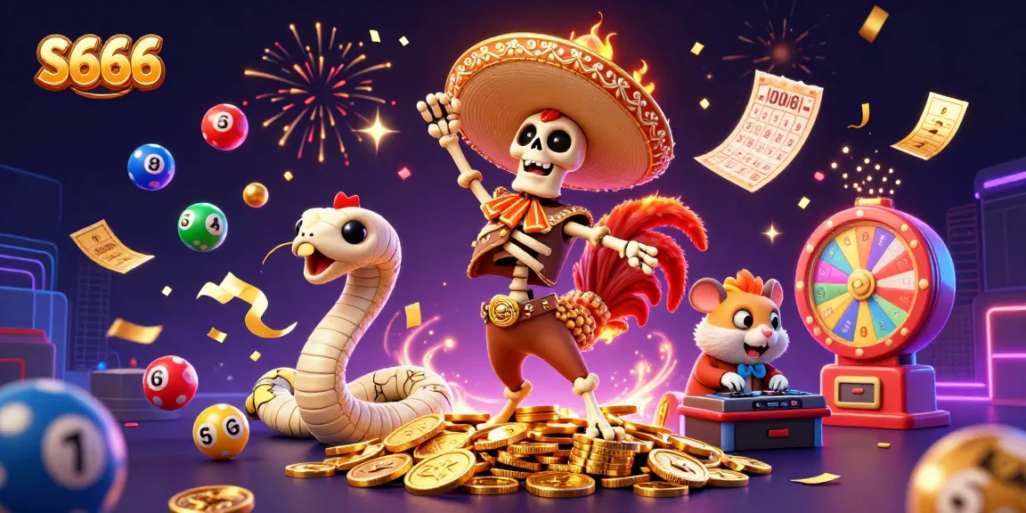 S666 casino celebration with a mariachi rooster and golden coins, dynamic gaming setup