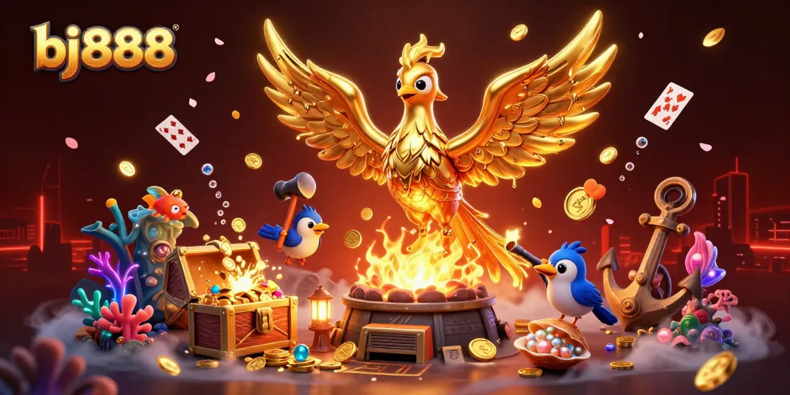 Experience thrilling gameplay at bj888 with a magical golden phoenix and gold coins cascading around in this vibrant casino illustration.