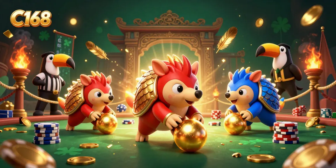 C168 pangolins compete in a vibrant casino scene, rolling golden balls among poker chips.