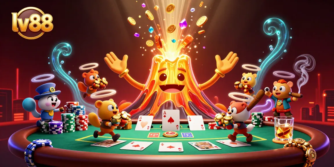 Experience thrilling games at lv88 with a joyful golden volcano erupting treasures and poker excitement.