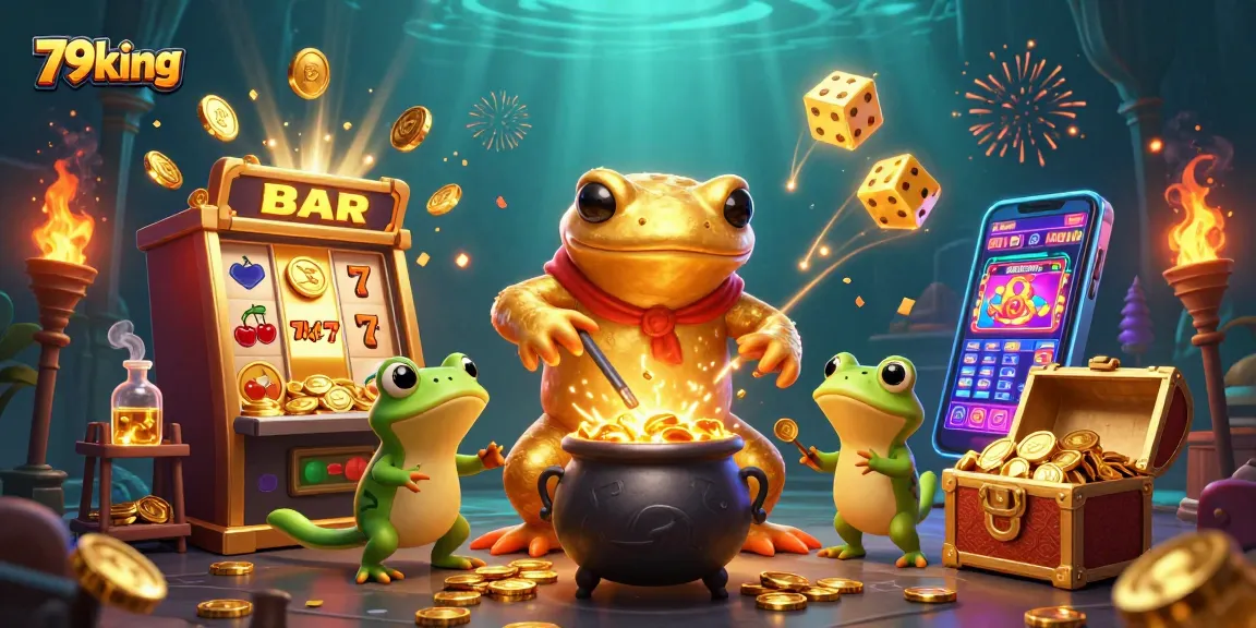 Experience the excitement of 79king as golden coins burst from a slot machine surrounded by whimsical characters.