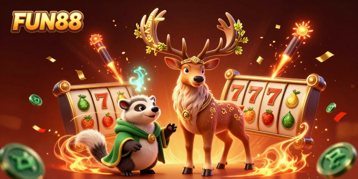 FUN88 brings excitement to players with a vibrant, action-packed casino illustration featuring a Celtic druid, badger, and festive game elements.
