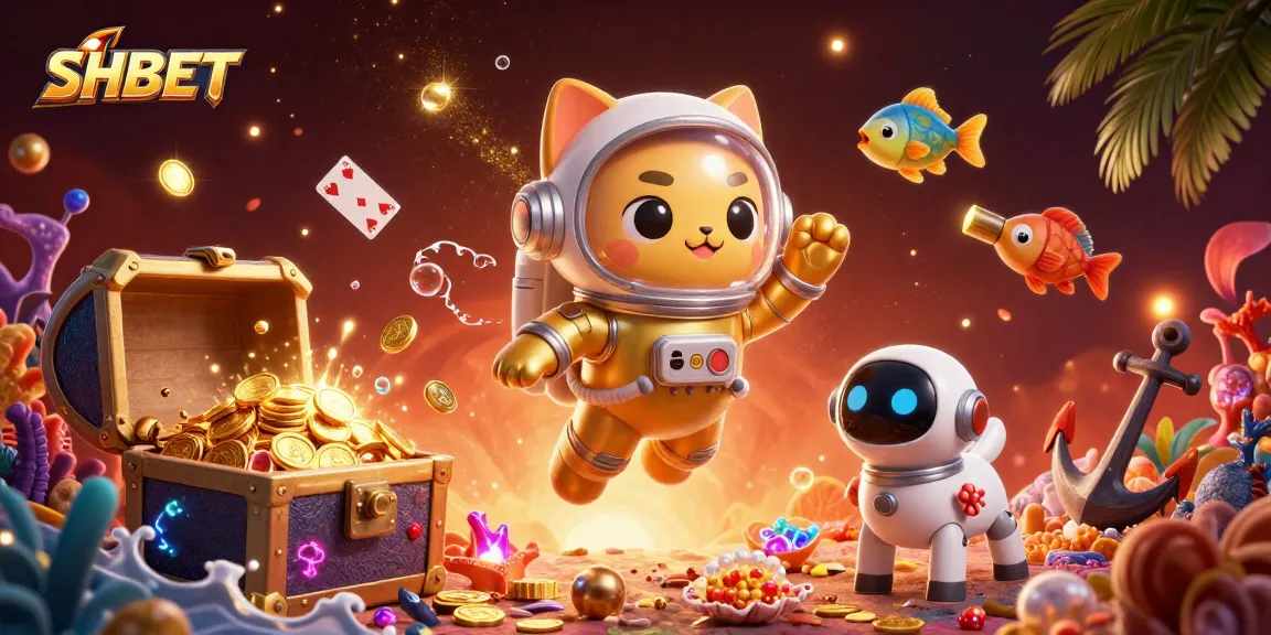 SHBET illustration showcasing a vibrant, thrilling casino atmosphere with games and gold treasures.