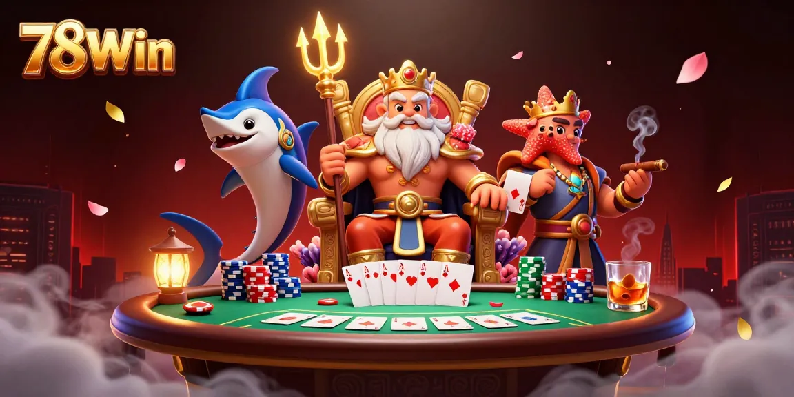 Join the exciting world of 78Win with Neptune and his samurai in this vibrant casino illustration, showcasing poker elements.