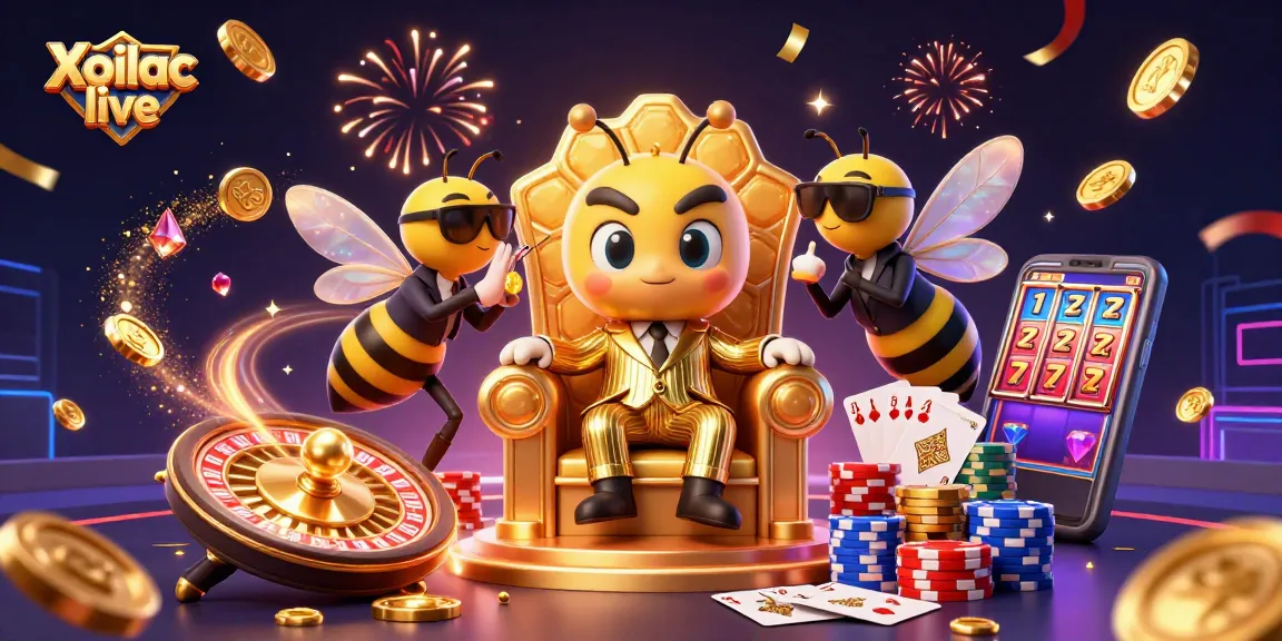 Xoilac live showcases a bumblebee mob boss in a vibrant casino scene filled with coins and cards.