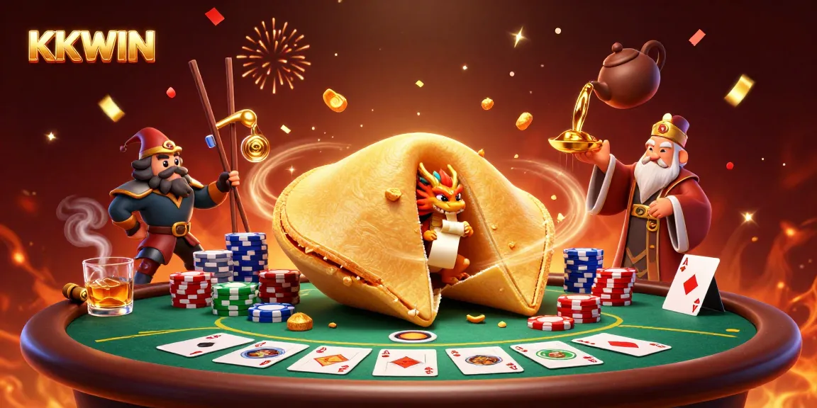 Engage with KKWIN's exciting gaming experience featuring a dragon and fortune cookie in a lively casino setting.