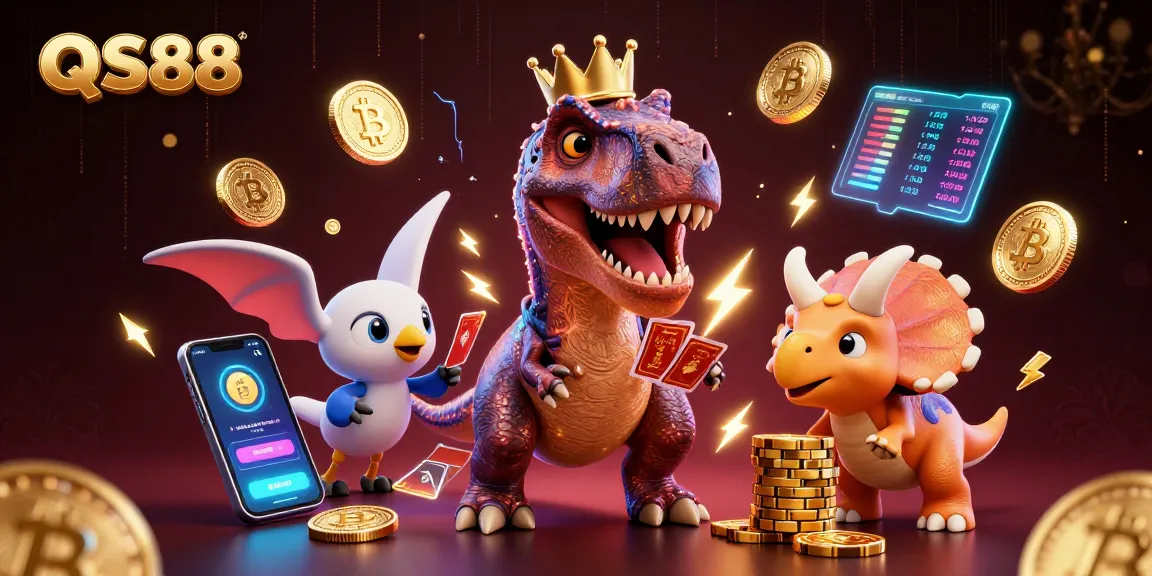 Experience QS88 excitement as a T-Rex shuffles cards alongside a Triceratops stacking chips in a vibrant casino environment.
