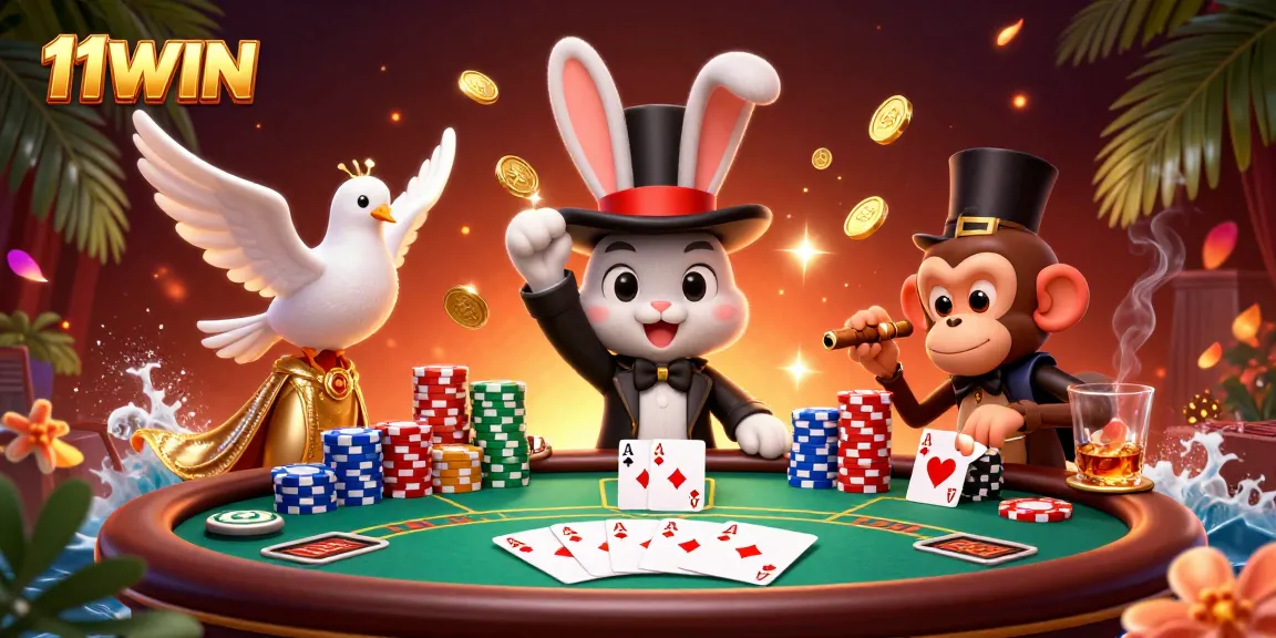 Experience 11WIN magic with a cartoon rabbit, dove, and monkey at a vibrant poker scene.