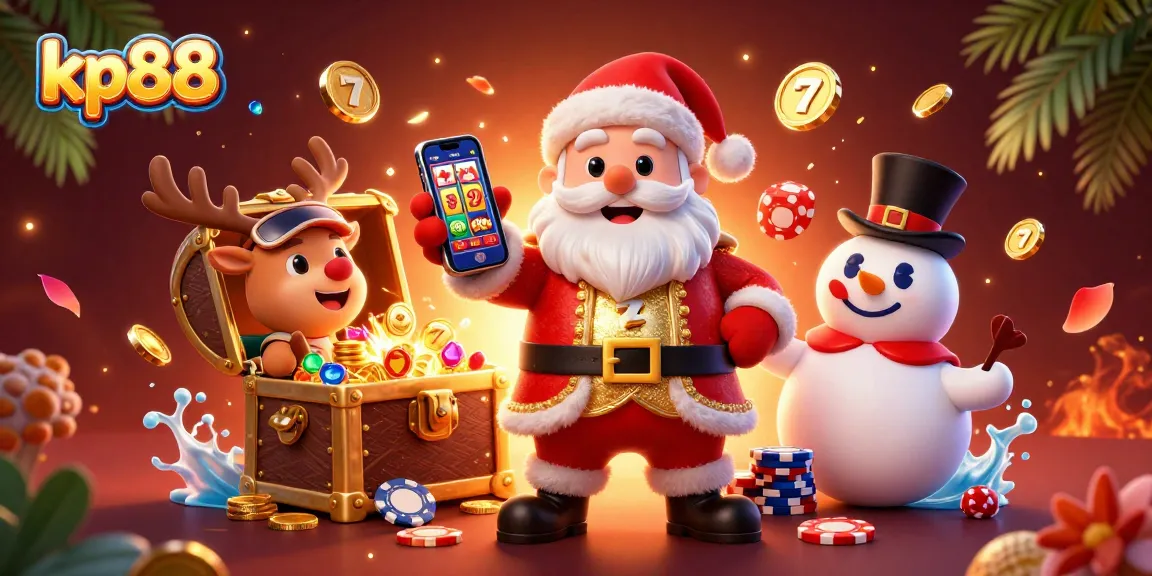 Experience the excitement at kp88 with Santa Claus showcasing jackpot slots in a vibrant casino scene.