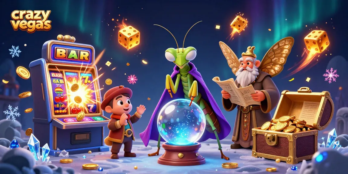 Exciting 3D illustration showcasing crazyvegas with a praying mantis fortune teller and high-stakes casino elements.