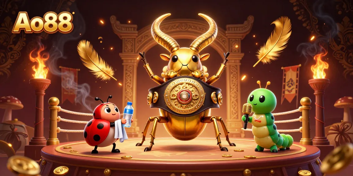 Ao88 offers thrilling gaming experiences, featuring vibrant visuals of a beetle boxing champion amidst stunning casino elements.