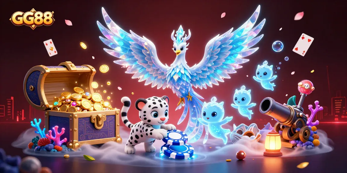 GG88 captivates players with a magical scene of a phoenix, snow leopard, and ice sprites celebrating in a vibrant casino illustration.