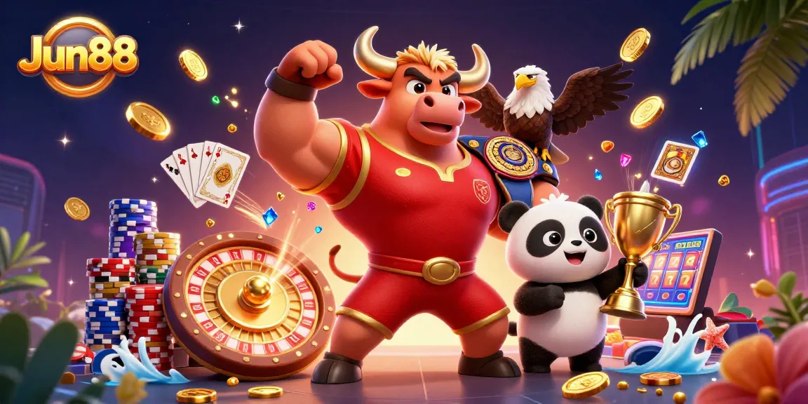 Experience the excitement at Jun88 with a vibrant casino scene featuring a victorious bull, a championship eagle, and a trophy-holding panda.