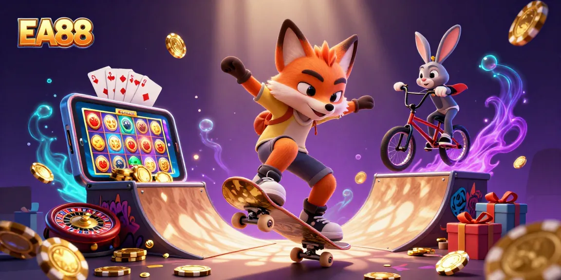 Experience EA88 gaming with a skateboarder fox and BMX rabbit in vibrant casino-themed illustration.