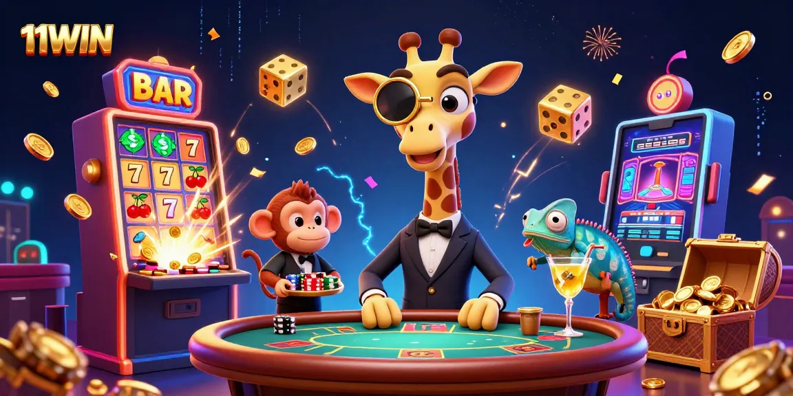 Hit the jackpot with 11WIN in this vibrant casino scene featuring dynamic characters and exciting game elements.