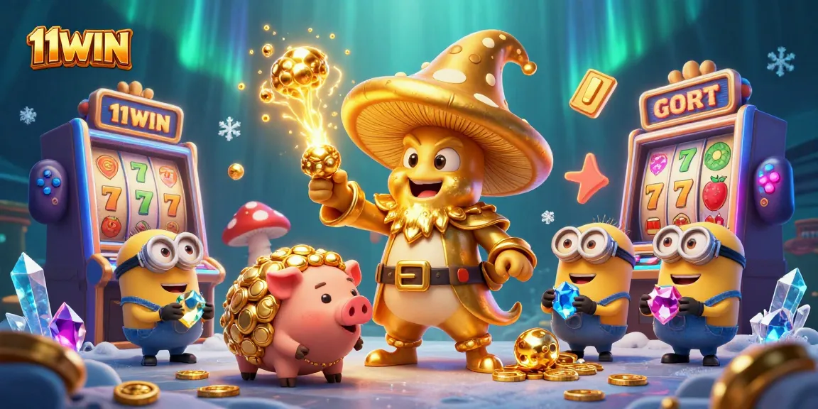 Experience the magic of 11WIN with a golden wizard and treasure-seeking pig in a vibrant casino scene.