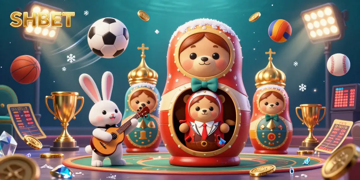 Engage with SHBET's vibrant 3D casino scene featuring cartoon bears, sports elements, and dynamic gameplay.