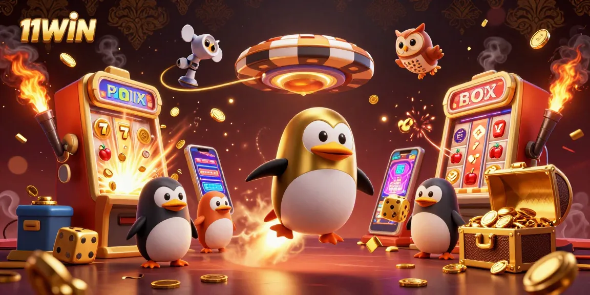 Play exciting games at 11WIN with a whimsical comic-style casino scene featuring a golden penguin.