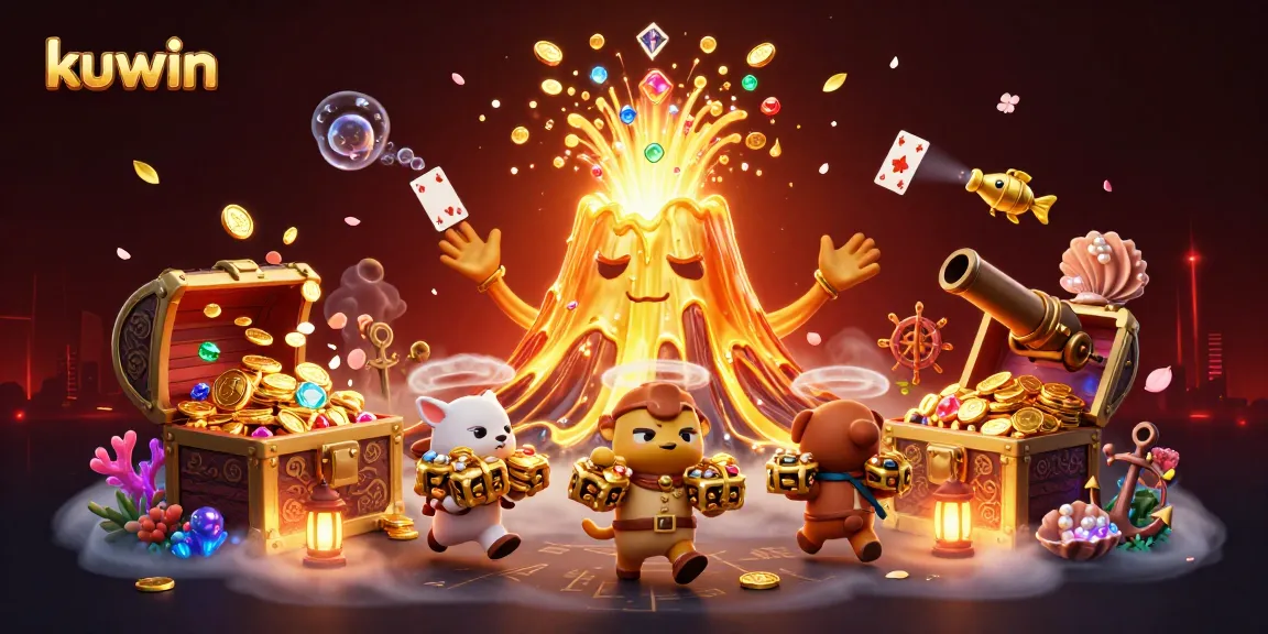 Kuwin players enjoying thrilling treasures from an erupting golden volcano surrounded by jewels and floating cards.