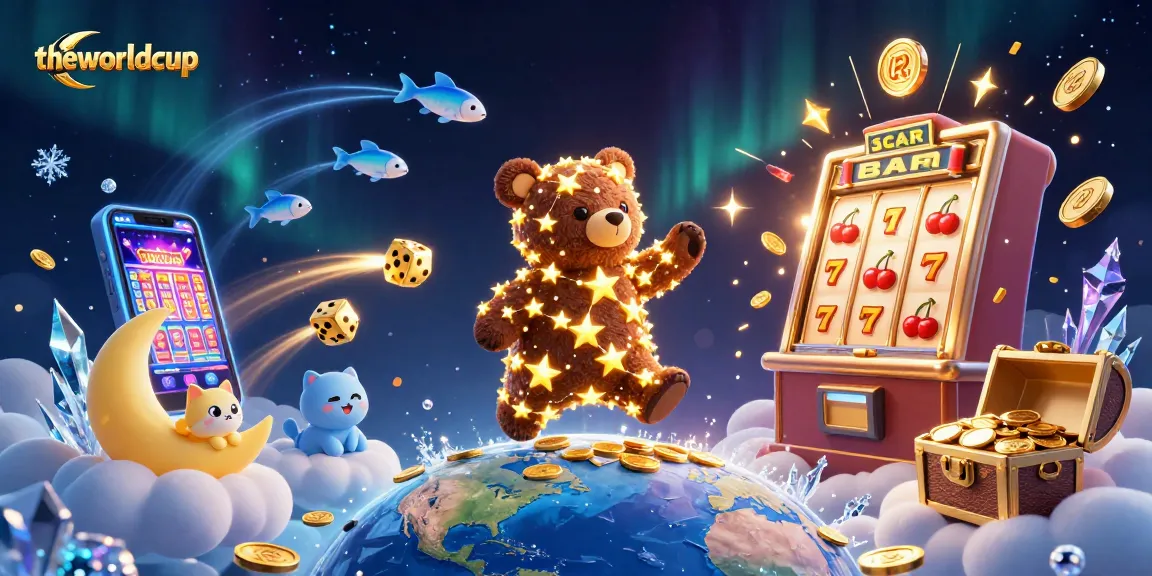 Theworldcup showcases a lively casino scene with a constellation bear, slot machines, and vibrant game symbols.