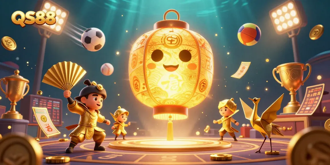 Experience the magic of QS88 with a vibrant casino scene showcasing lucky symbols, sports betting, and dynamic characters.
