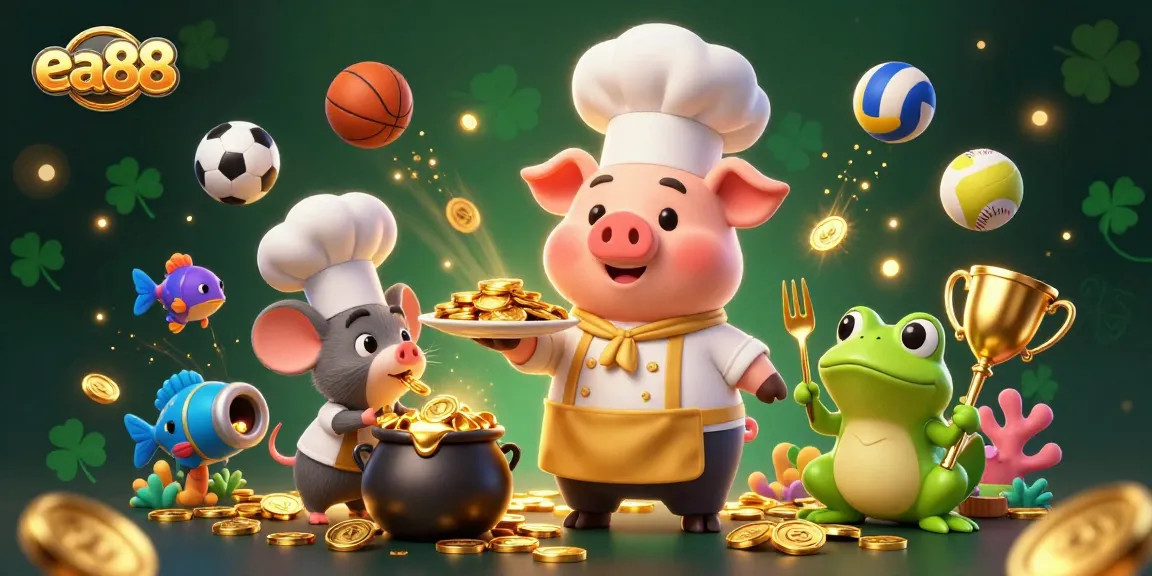 Engage with the thrilling ea88 fish shooting experience, as displayed by a chef pig serving gold coins in a vibrant casino scene.