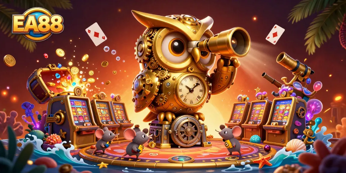 Engage with EA88's exciting golden owl and vibrant casino scene, filled with games and treasures.