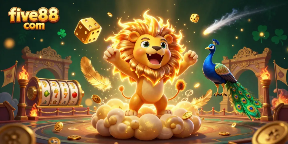 Experience the thrill at five88 com with a vibrant 3D casino scene, featuring a roaring lion and golden dice.