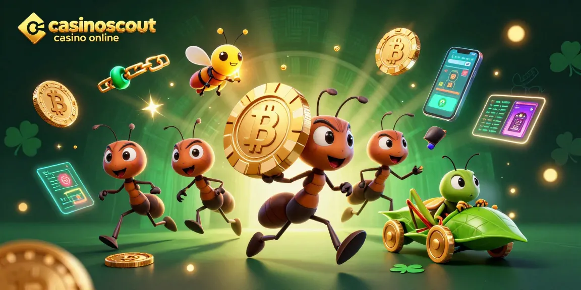 Engage with casinoscout casino online through a thrilling 3D illustration of an ant heist revealing a giant poker chip.