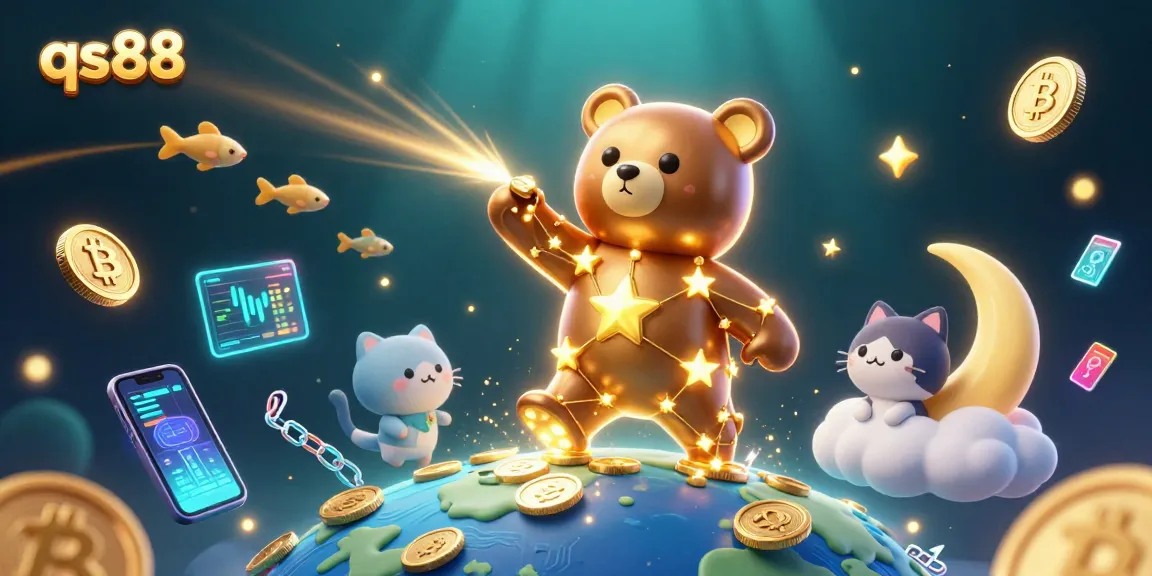 Experience qs88 vibrant gaming with a constellation bear, coins, and blockchain elements.